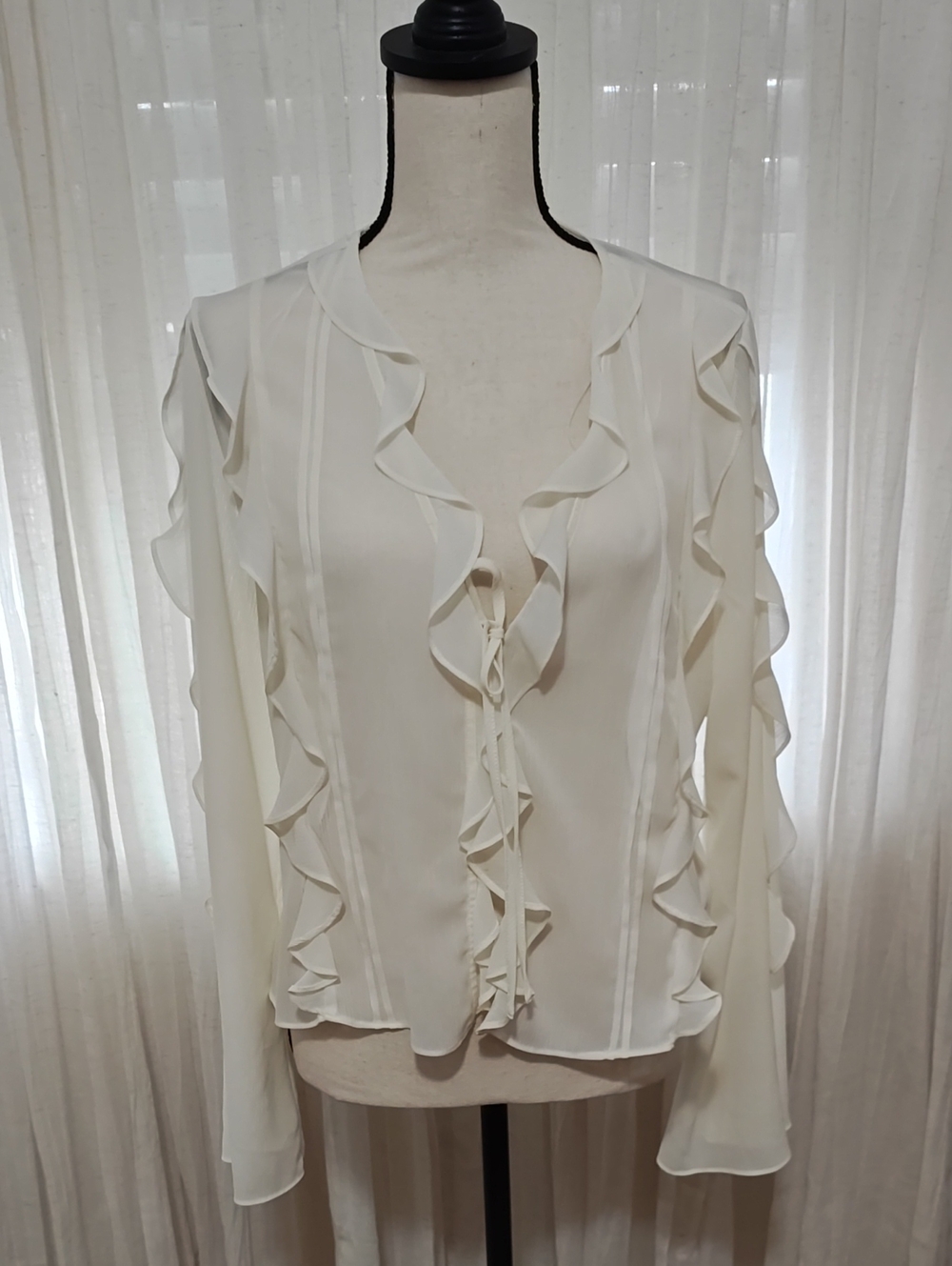 Ruffle-Trim Tie-Front Blouse in Cream